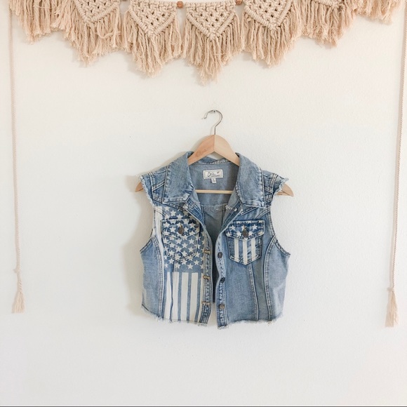 Chiqle Jackets & Blazers - Chiqle Distressed Denim American Flag Vest